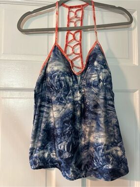 Lucky Brand Tie-Dye Blue and White Tankini Top with Coral Lattice Straps